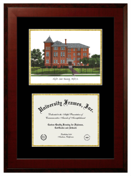 Double Opening with Campus Image (Unimprinted Mat) Frame in Honors Mahogany with Black & Gold Mats for DOCUMENT: 8 1/2"H X 11"W  