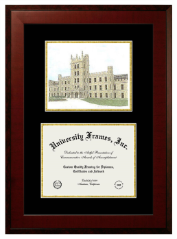 Double Opening with Campus Image (Unimprinted Mat) Frame in Honors Mahogany with Black & Gold Mats for DOCUMENT: 8 1/2"H X 11"W  