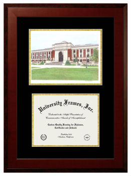 Double Opening with Campus Image (Unimprinted Mat) Frame in Honors Mahogany with Black & Gold Mats for DOCUMENT: 8 1/2"H X 11"W  