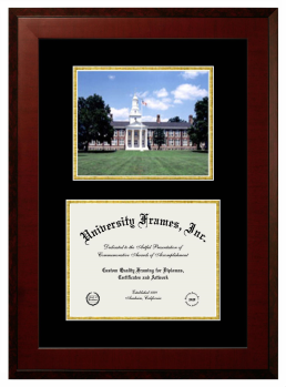 Double Opening with Campus Image (Unimprinted Mat) Frame in Honors Mahogany with Black & Gold Mats for DOCUMENT: 8 1/2"H X 11"W  