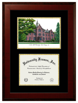 Double Opening with Campus Image (Unimprinted Mat) Frame in Honors Mahogany with Black & Gold Mats for DOCUMENT: 8 1/2"H X 11"W  