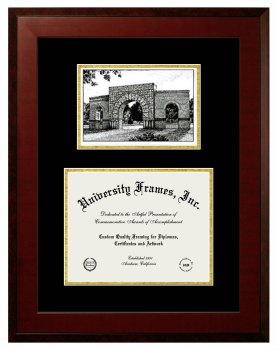 Double Opening with Campus Image (Unimprinted Mat) Frame in Honors Mahogany with Black & Gold Mats for DOCUMENT: 8 1/2"H X 11"W  