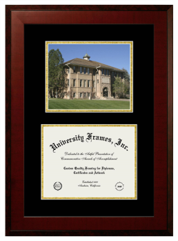 Double Opening with Campus Image (Unimprinted Mat) Frame in Honors Mahogany with Black & Gold Mats for DOCUMENT: 8 1/2"H X 11"W  