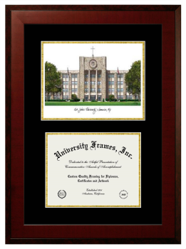 Double Opening with Campus Image (Unimprinted Mat) Frame in Honors Mahogany with Black & Gold Mats for DOCUMENT: 8 1/2"H X 11"W  