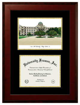 Double Opening with Campus Image (Unimprinted Mat) Frame in Honors Mahogany with Black & Gold Mats for DOCUMENT: 8 1/2"H X 11"W  