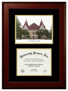 Double Opening with Campus Image (Unimprinted Mat) Frame in Honors Mahogany with Black & Gold Mats for DOCUMENT: 8 1/2"H X 11"W  