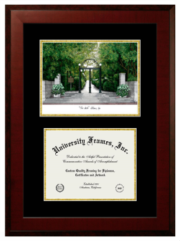 Double Opening with Campus Image (Unimprinted Mat) Frame in Honors Mahogany with Black & Gold Mats for DOCUMENT: 8 1/2"H X 11"W  