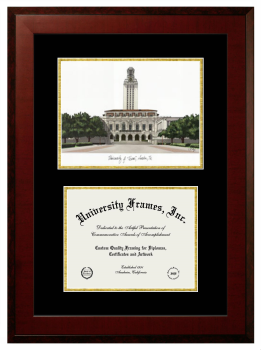 Double Opening with Campus Image (Unimprinted Mat) Frame in Honors Mahogany with Black & Gold Mats for DOCUMENT: 8 1/2"H X 11"W  