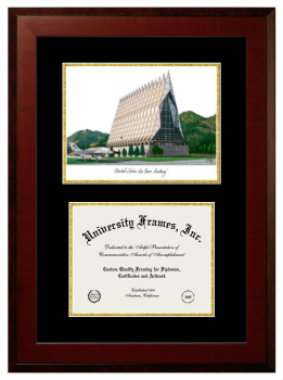 Double Opening with Campus Image (Unimprinted Mat) Frame in Honors Mahogany with Black & Gold Mats for DOCUMENT: 8 1/2"H X 11"W  