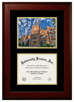 Double Opening with Campus Image (Unimprinted Mat) Frame in Honors Mahogany with Black & Gold Mats for DOCUMENT: 8 1/2"H X 11"W  