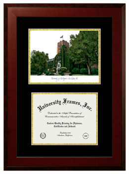 Double Opening with Campus Image (Unimprinted Mat) Frame in Honors Mahogany with Black & Gold Mats for DOCUMENT: 8 1/2"H X 11"W  