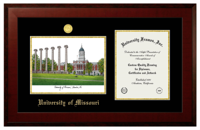 Double Opening with Campus Image (Side-by-Side) Frame in Honors Mahogany with Black & Gold Mats for  11"H X 8 1/2"W  