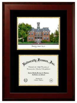 Double Opening with Campus Image (Unimprinted Mat) Frame in Honors Mahogany with Black & Gold Mats for DOCUMENT: 8 1/2"H X 11"W  