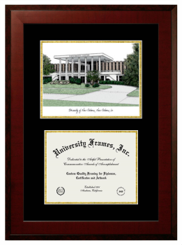 Double Opening with Campus Image (Unimprinted Mat) Frame in Honors Mahogany with Black & Gold Mats for DOCUMENT: 8 1/2"H X 11"W  