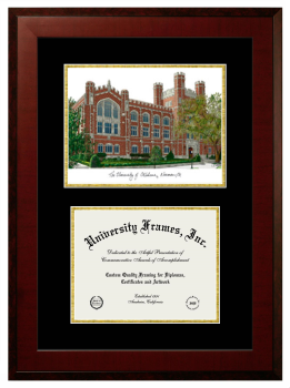 Double Opening with Campus Image (Unimprinted Mat) Frame in Honors Mahogany with Black & Gold Mats for DOCUMENT: 8 1/2"H X 11"W  