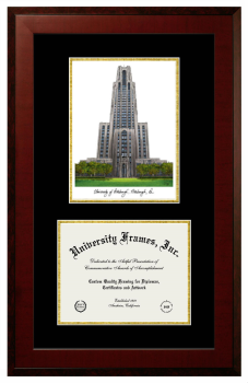 Double Opening with Campus Image (Unimprinted Mat) Frame in Honors Mahogany with Black & Gold Mats for DOCUMENT: 8 1/2"H X 11"W  