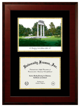 Double Opening with Campus Image (Unimprinted Mat) Frame in Honors Mahogany with Black & Gold Mats for DOCUMENT: 8 1/2"H X 11"W  