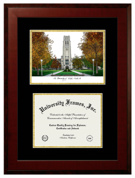 Double Opening with Campus Image (Unimprinted Mat) Frame in Honors Mahogany with Black & Gold Mats for DOCUMENT: 8 1/2"H X 11"W  