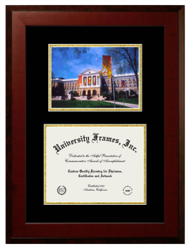 Double Opening with Campus Image (Unimprinted Mat) Frame in Honors Mahogany with Black & Gold Mats for DOCUMENT: 8 1/2"H X 11"W  