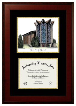 Double Opening with Campus Image (Unimprinted Mat) Frame in Honors Mahogany with Black & Gold Mats for DOCUMENT: 8 1/2"H X 11"W  