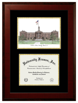 Double Opening with Campus Image (Unimprinted Mat) Frame in Honors Mahogany with Black & Gold Mats for DOCUMENT: 8 1/2"H X 11"W  