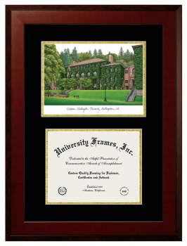 Double Opening with Campus Image (Unimprinted Mat) Frame in Honors Mahogany with Black & Gold Mats for DOCUMENT: 8 1/2"H X 11"W  