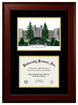 Double Opening with Campus Image (Unimprinted Mat) Frame in Honors Mahogany with Black & Gold Mats for DOCUMENT: 8 1/2"H X 11"W  