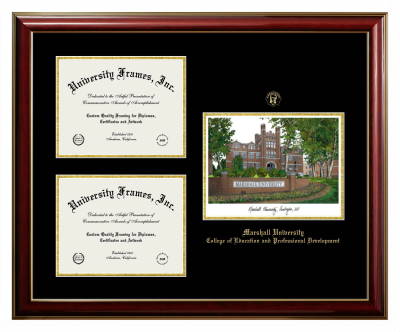 Triple Opening with Campus Image Frame in Classic Mahogany with Gold Trim with Black & Gold Mats for DOCUMENT: 8 1/2"H X 11"W  , DOCUMENT: 8 1/2"H X 11"W  