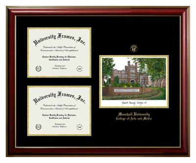 Triple Opening with Campus Image Frame in Classic Mahogany with Gold Trim with Black & Gold Mats for DOCUMENT: 8 1/2"H X 11"W  , DOCUMENT: 8 1/2"H X 11"W  