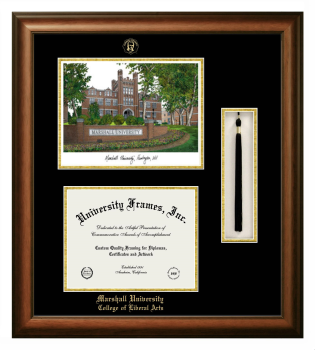 Double Opening with Campus Image & Tassel Box (Stacked) Frame in Satin Walnut with Black & Gold Mats for DOCUMENT: 8 1/2"H X 11"W  