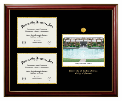 Triple Opening with Campus Image Frame in Classic Mahogany with Gold Trim with Black & Gold Mats for DOCUMENT: 8 1/2"H X 11"W  , DOCUMENT: 8 1/2"H X 11"W  