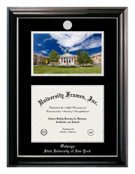 Double Opening with Campus Image (Stacked) Frame in Classic Ebony with Silver Trim with Black & Silver Mats for DOCUMENT: 8 1/2"H X 11"W  