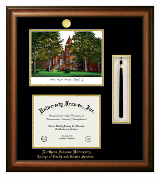 Double Opening with Campus Image & Tassel Box (Stacked) Frame in Satin Walnut with Black & Gold Mats for DOCUMENT: 8 1/2"H X 11"W  