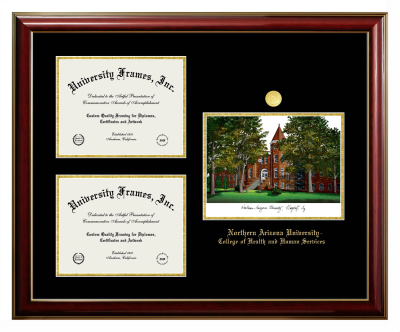 Triple Opening with Campus Image Frame in Classic Mahogany with Gold Trim with Black & Gold Mats for DOCUMENT: 8 1/2"H X 11"W  , DOCUMENT: 8 1/2"H X 11"W  