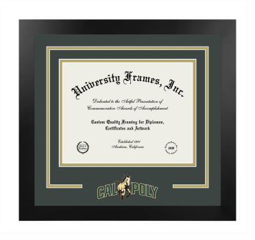 California Polytechnic State University - San Luis Obispo Logo Mat Frame in Manhattan Black with Forest Green & Tan Mats for DOCUMENT: 8 1/2"H X 11"W  