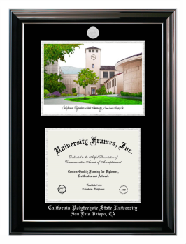 Double Opening with Campus Image (Stacked) Frame in Classic Ebony with Silver Trim with Black & Silver Mats for DOCUMENT: 8 1/2"H X 11"W  