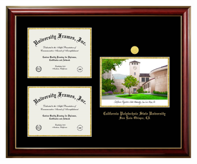 Triple Opening with Campus Image Frame in Classic Mahogany with Gold Trim with Black & Gold Mats for DOCUMENT: 8 1/2"H X 11"W  , DOCUMENT: 8 1/2"H X 11"W  