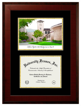 Double Opening with Campus Image (Unimprinted Mat) Frame in Honors Mahogany with Black & Gold Mats for DOCUMENT: 8 1/2"H X 11"W  