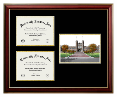 Triple Opening with Campus Image Frame in Classic Mahogany with Gold Trim with Black & Gold Mats for DOCUMENT: 8 1/2"H X 11"W  , DOCUMENT: 8 1/2"H X 11"W  