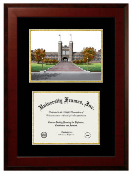 Double Opening with Campus Image (Unimprinted Mat) Frame in Honors Mahogany with Black & Gold Mats for DOCUMENT: 8 1/2"H X 11"W  