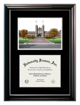 Double Opening with Campus Image (Stacked) Frame in Classic Ebony with Silver Trim with Black & Silver Mats for DOCUMENT: 8 1/2"H X 11"W  