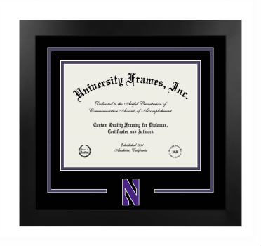 Northwestern University Logo Mat Frame in Manhattan Black with Black & Purple Mats for DOCUMENT: 8 1/2"H X 11"W  