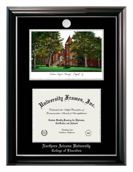 Double Opening with Campus Image (Stacked) Frame in Classic Ebony with Silver Trim with Black & Silver Mats for DOCUMENT: 8 1/2"H X 11"W  