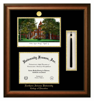 Double Opening with Campus Image & Tassel Box (Stacked) Frame in Satin Walnut with Black & Gold Mats for DOCUMENT: 8 1/2"H X 11"W  