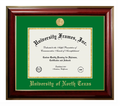 University of North Texas Diploma Frame in Classic Mahogany with Gold Trim with Kelly Green & Gold Mats for DOCUMENT: 8 1/2"H X 11"W  