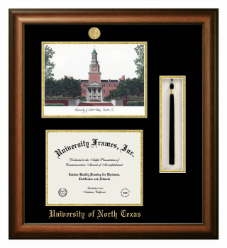 Double Opening with Campus Image & Tassel Box (Stacked) Frame in Satin Walnut with Black & Gold Mats for DOCUMENT: 8 1/2"H X 11"W  