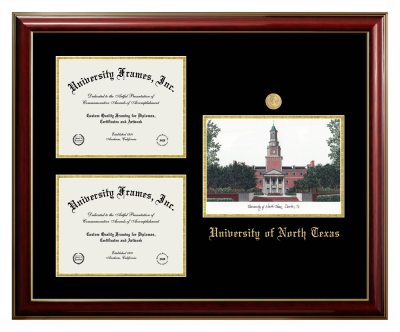 Triple Opening with Campus Image Frame in Classic Mahogany with Gold Trim with Black & Gold Mats for DOCUMENT: 8 1/2"H X 11"W  , DOCUMENT: 8 1/2"H X 11"W  