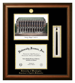 Double Opening with Campus Image & Tassel Box (Stacked) Frame in Satin Walnut with Black & Gold Mats for DOCUMENT: 8 1/2"H X 11"W  