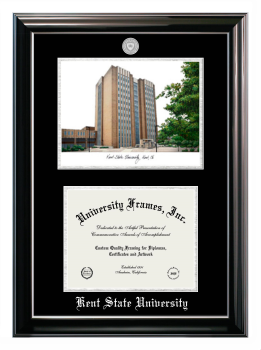 Kent State University Double Opening with Campus Image (Stacked) Frame in Classic Ebony with Silver Trim with Black & Silver Mats for DOCUMENT: 8 1/2"H X 11"W  