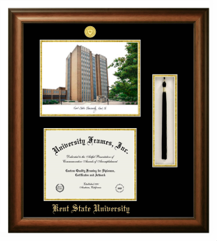 Kent State University Double Opening with Campus Image & Tassel Box (Stacked) Frame in Satin Walnut with Black & Gold Mats for DOCUMENT: 8 1/2"H X 11"W  